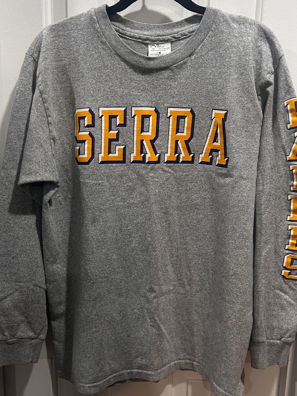 Serra Grey Long Sleeve Tee with Gold Lettering USA Made